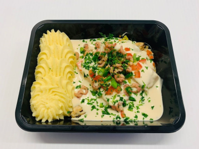 Stoofpotje van vis met fijne groentjes en dugleresaus